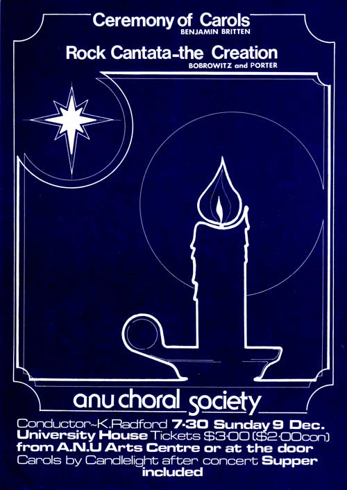Poster for SCUNA's Christmas concert in 1979. Dark blue background with rounded white writing, over a drawing of the Star of Bethlehem (LHS) and a candle in a holder. The text is transcribed on this page.