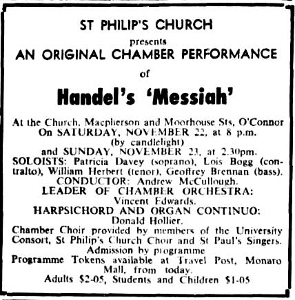 Canberra Times advertisement of 19 November 1969 re Messiah. Transcription follows.