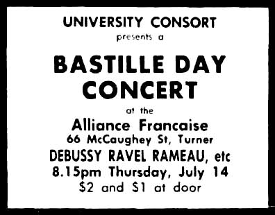 Canberra Times advertisement for the Consort's Bastille Day concert