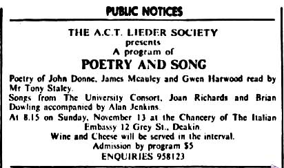 Canberra Times advertisement for the Lieder Society concert on 13 November 1977