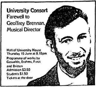 Canberra Times ad for the Farewell to Geoffrey Brennan. Transcription follows.