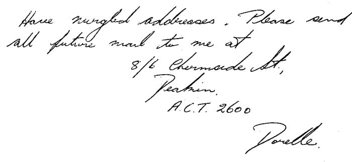 Handwritten note from Dorelle. Transcription follows.